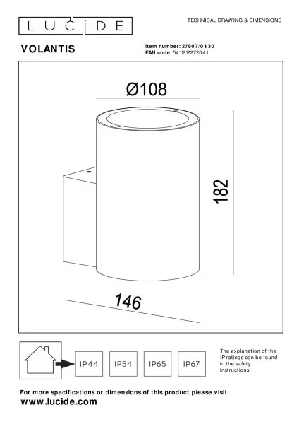 Lucide VOLANTIS - Wandstrahler / Wandleuchte Innen/Außen - 1xE27 - IP54 - Schwarz - TECHNISCH